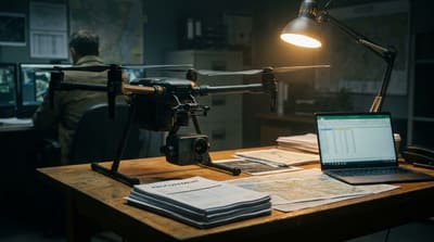 A commercial quadcopter with a thermal sensor payload on a planning table beside procurement paperwork and a laptop in a dim operations office