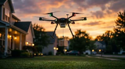 A delivery drone hovering low over a suburban front yard at dusk while releasing a small package, houses and trees in the background