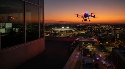 Drone as First Responder launching from a rooftop dock over a North Texas city skyline at dusk with a real-time crime center monitor visible