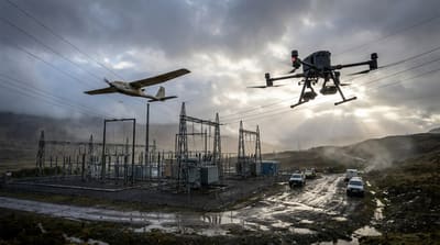 Utility inspection drone flying along high-voltage transmission lines at dawn after a storm, with a substation in the distance
