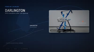 Amazon Prime Air MK30 drone over a Darlington, County Durham operations-map graphic