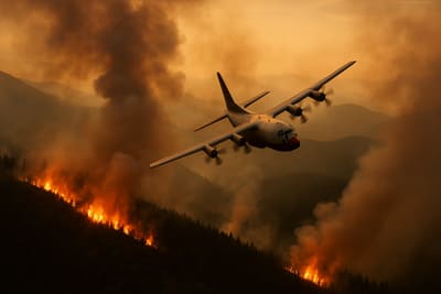 Aerial firefighting tanker over a wildfire ridge at dusk with restricted airspace haze