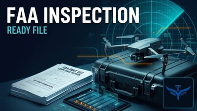 UAVHQ operator briefing graphic showing a commercial drone and FAA inspection-ready documentation checklist