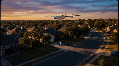 AI-generated editorial illustration of a fixed-wing delivery drone lowering a package pod over a Texas suburban neighborhood at dusk