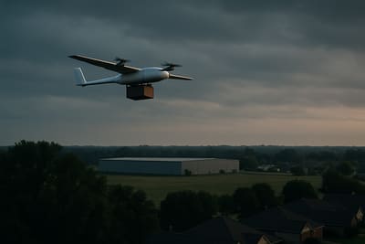 A package delivery drone in wing-borne cruise above the treeline at the edge of a suburban neighborhood at dusk, a low warehouse hub set back behind a buffer of open ground, overcast sky