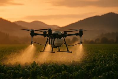 Agricultural spray drone dispensing fertilizer over a green farm field at dusk with rolling hills behind