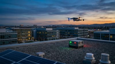 Autonomous security drone returning to a weatherproof dock at dusk over a corporate campus