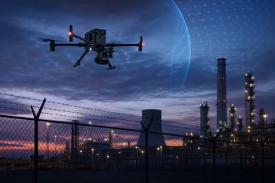 Commercial drone near restricted critical infrastructure airspace at dusk