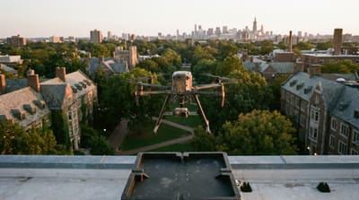 Autonomous public safety drone climbing from a rooftop dock above a university campus at dusk with a city skyline in the background