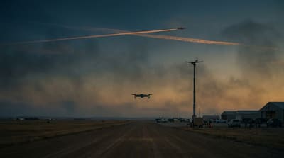 Mixed civil and military airspace over a northern plains test range at dusk with a small UAS, manned aircraft contrail, and ground sensor mast
