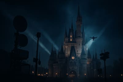 Theme park castle at night with counter-drone security technology and searchlights