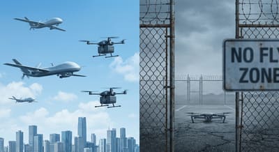 Split illustration showing government drones flying freely while civilian drones sit grounded behind barriers, representing regulatory asymmetry in U.S. drone policy