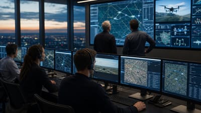 Drone operations control room with remote pilots, fleet telemetry, and BVLOS route monitoring screens