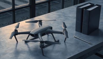 AI-generated editorial illustration of a generic quadcopter and closed planning binders on an operations workbench